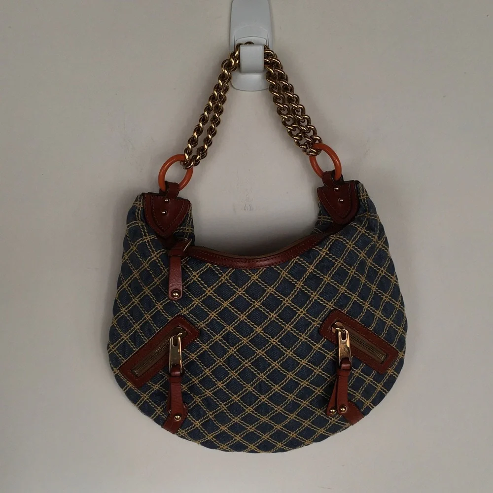 Blue Quilted Hobo Bag with Brown Trim and Gold Chain Handle